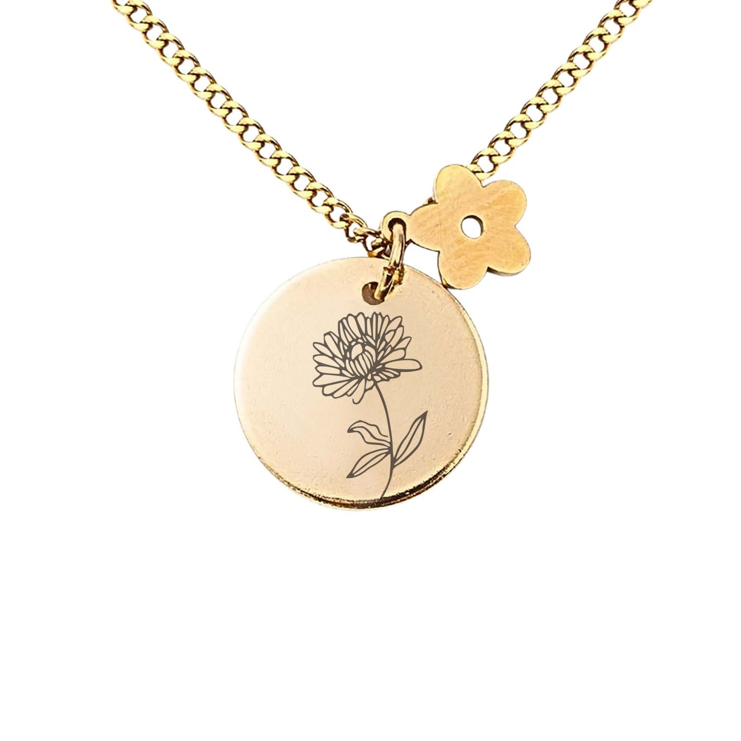 Round brand five petal flower necklace plated with 18K gold, engraving with 12 Month Birthdflowers, pendant necklace, birthday gift, for girlfriend and motherss028