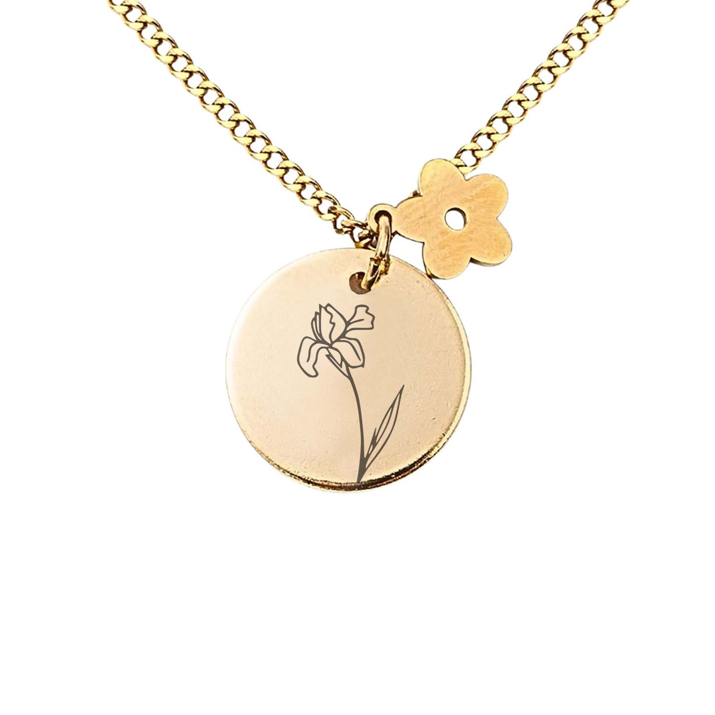 Round brand five petal flower necklace plated with 18K gold, engraving with 12 Month Birthdflowers, pendant necklace, birthday gift, for girlfriend and motherss028