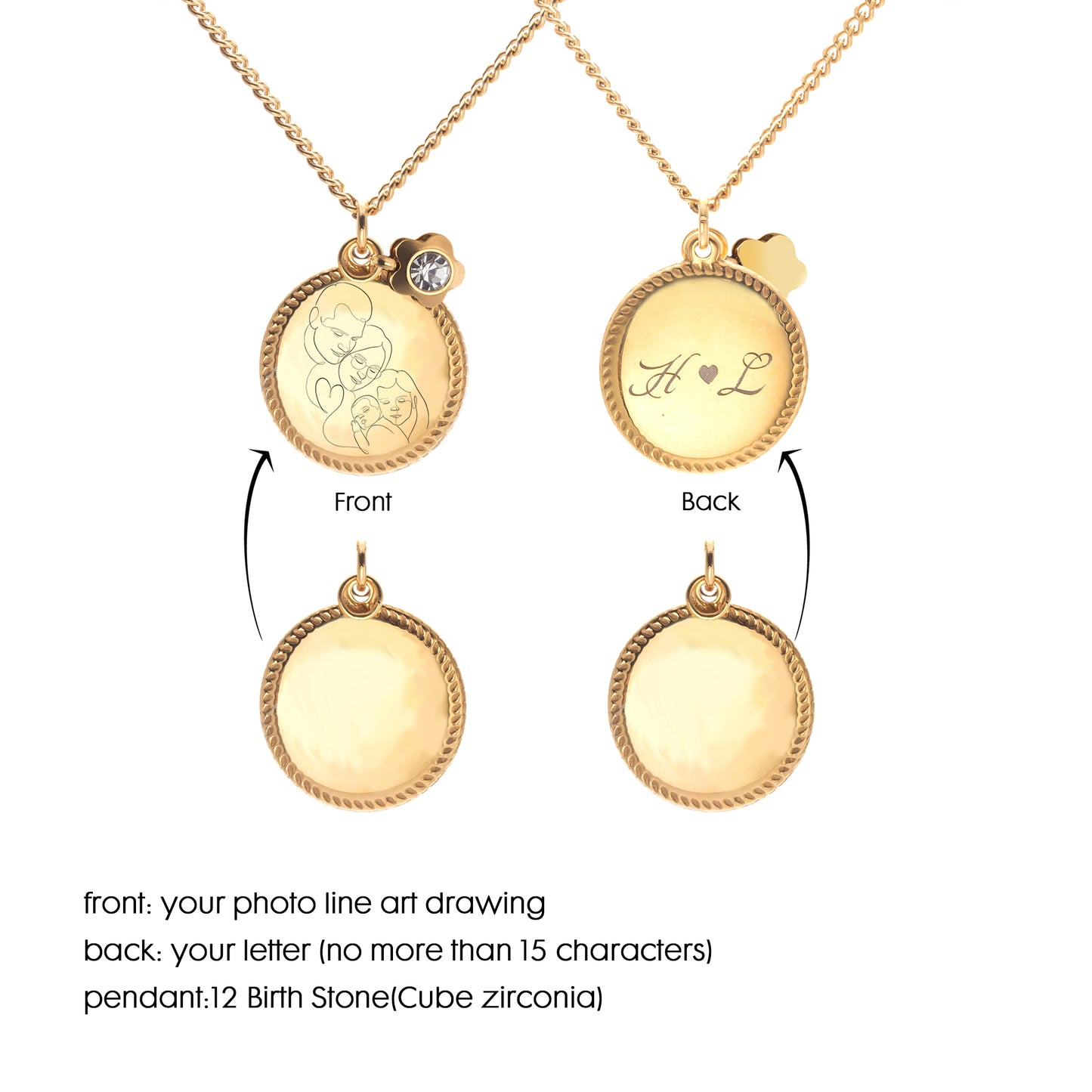 Line-art drawing customizable necklace 18k gold plated Birthstone with Personalized brithflower coin pendant Necklace with Birthstone ss027