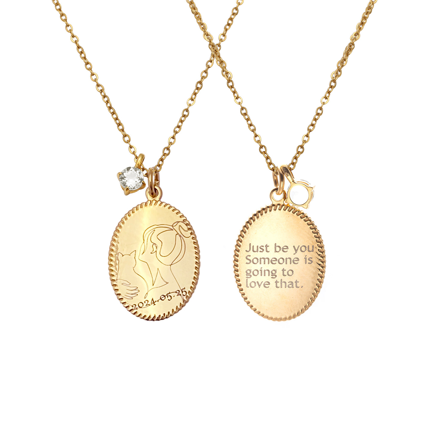 18k gold plated Birthstone with Personalized line-art Oval pendant Necklace with Birthstone ss005