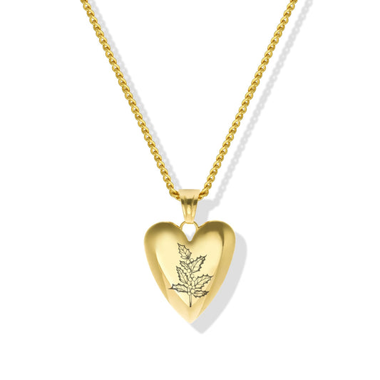 Stono'Land 18K Gold Carved 12 Month BirthFlower Heart-Shaped Pendant Necklace, Birthday Pendant Necklace