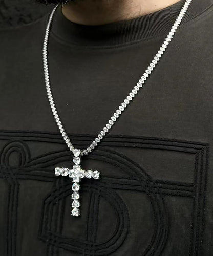 Stono'Land Luxury Out cross necklace Pendant Tennis Chain - Unisex Hip Hop Jewelry, Silver